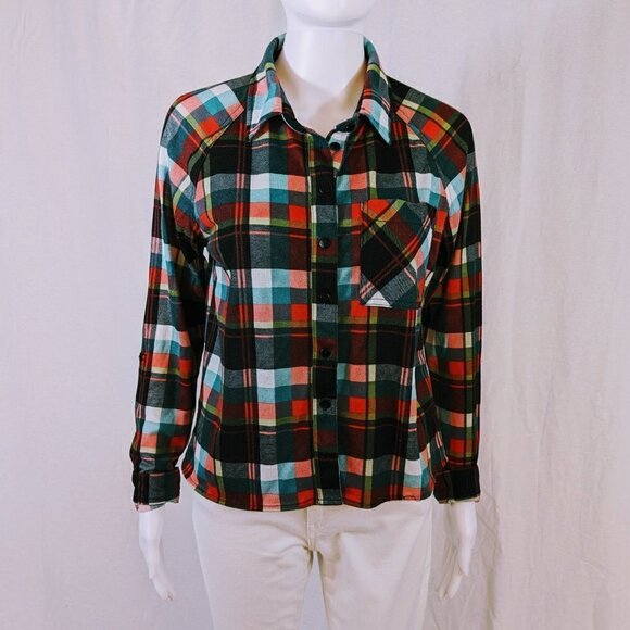 Bella D Plaid Roll Tab Sleeve Button Down Top Size M - Picture 1 of 3